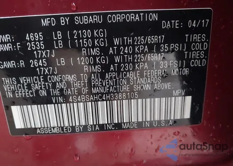 2017 Subaru Outback 2.5I Premium from USA, damaged, VIN 4S4BSAHC4H3388105